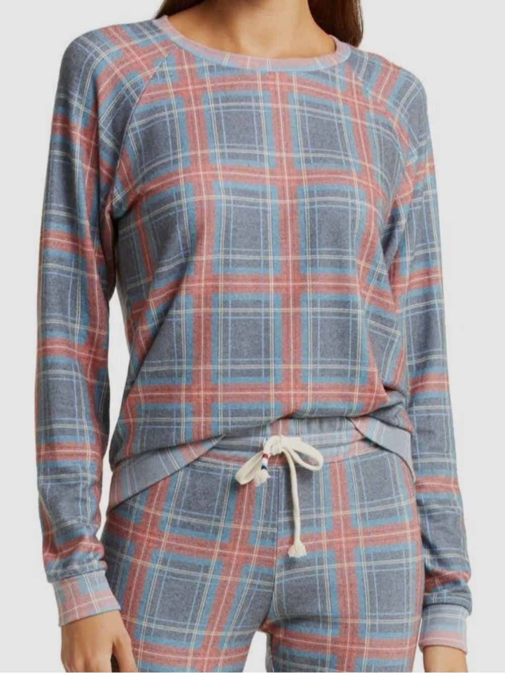 Sol Angeles Holiday Plaid Hacci Pullover Long Sleeve Lounge Top Cozy Soft Size M